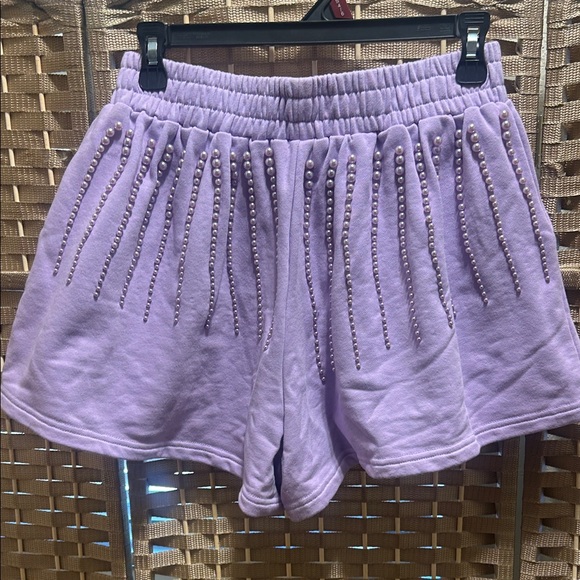 QUEEN OF SPARKLES Lavender High-Waist Studded Flutter Shorts - Picture 7 of 8